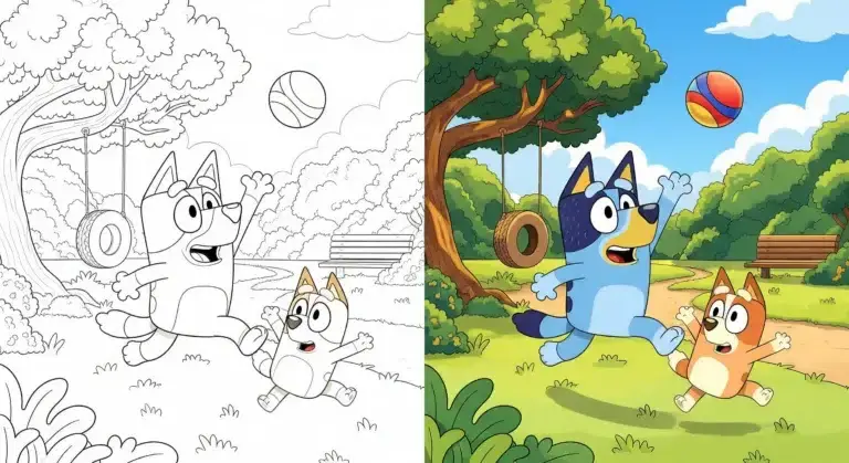 Bluey and Bingo playing with a ball in the park - free coloring page download PDF.