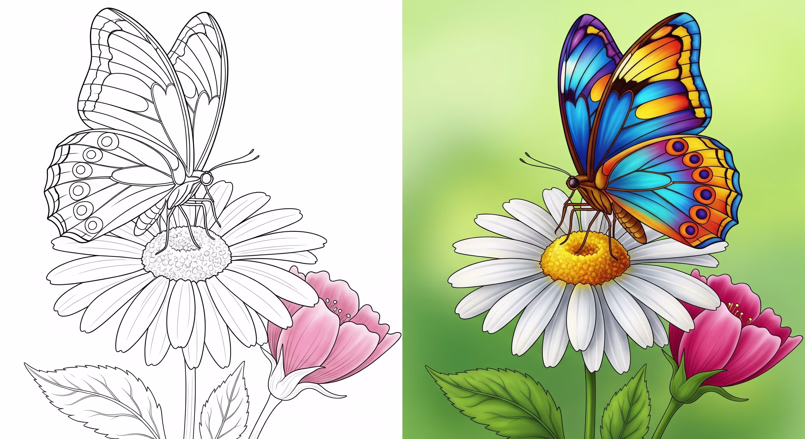 Line art of a large butterfly with spread wings resting on a daisy, for coloring.