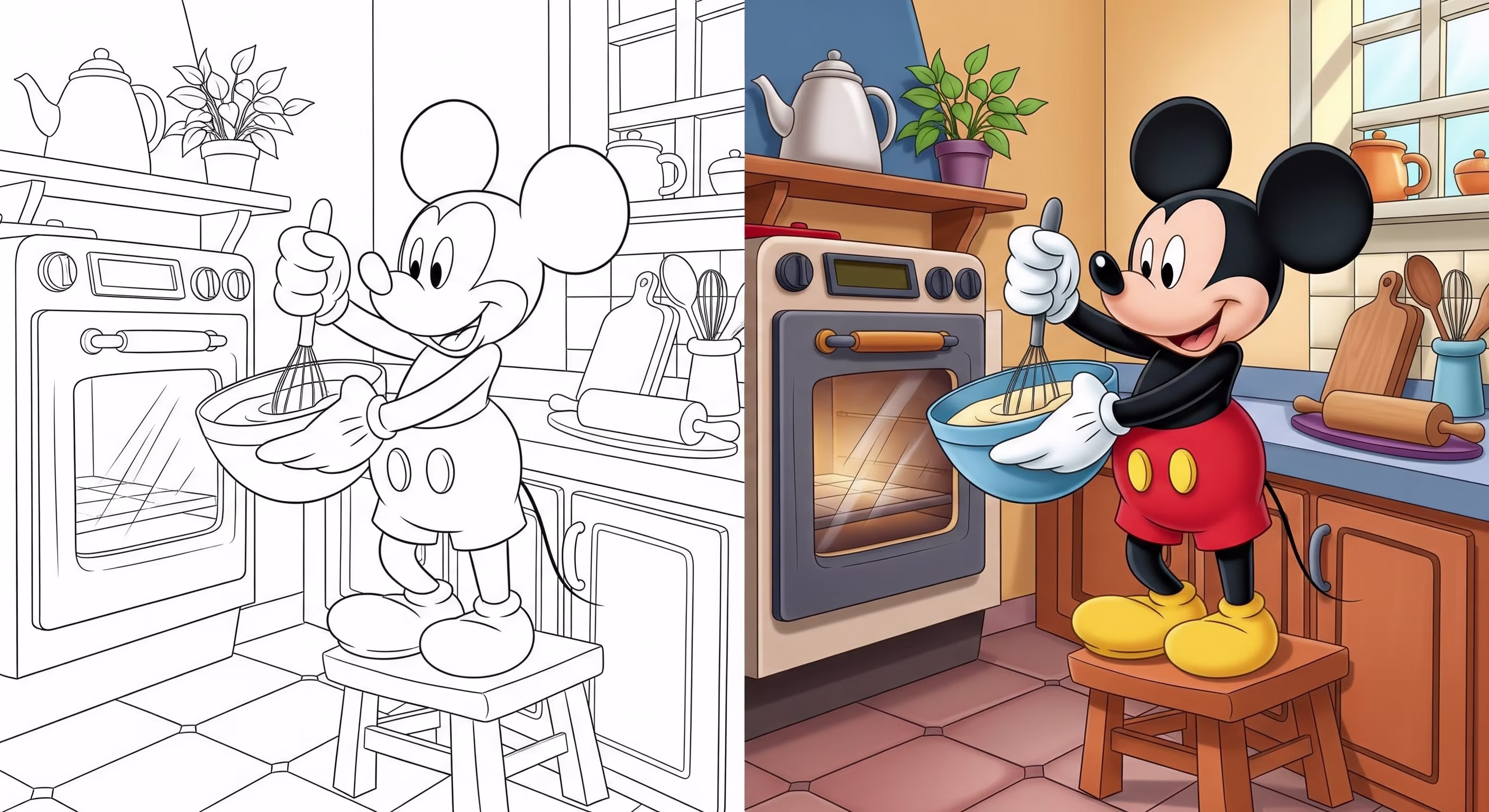 Line art of a cartoon mouse in red shorts mixing batter in a kitchen, for coloring.