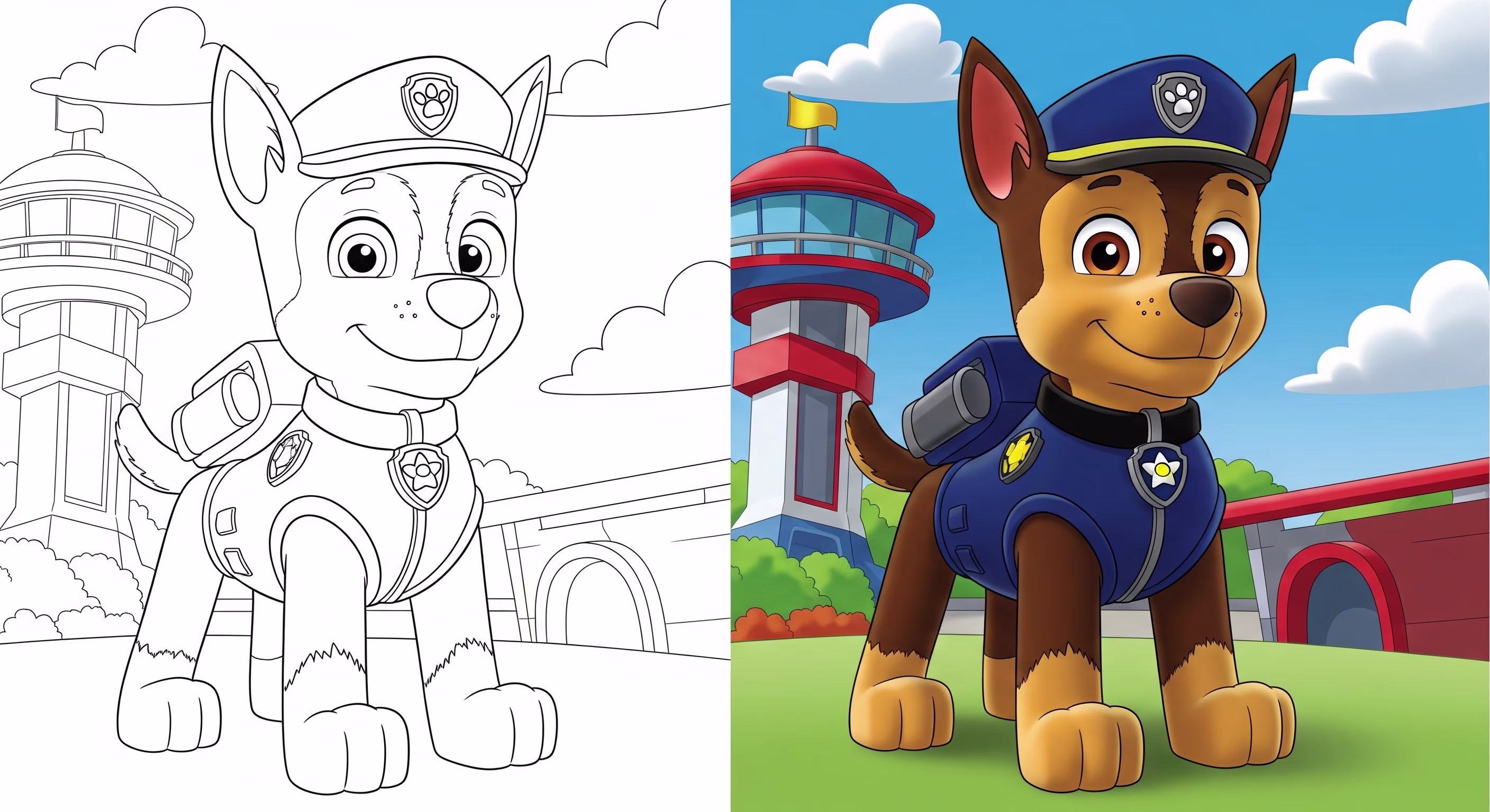 Line art of Chase, the police pup from PAW Patrol, standing proudly in his uniform, for coloring.