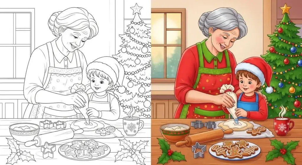 Christmas Baking With Grandma free coloring page PDF download, kids and grandma baking cookies