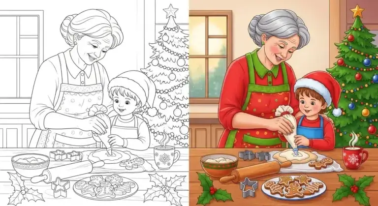 Christmas Baking With Grandma free coloring page PDF download, kids and grandma baking cookies