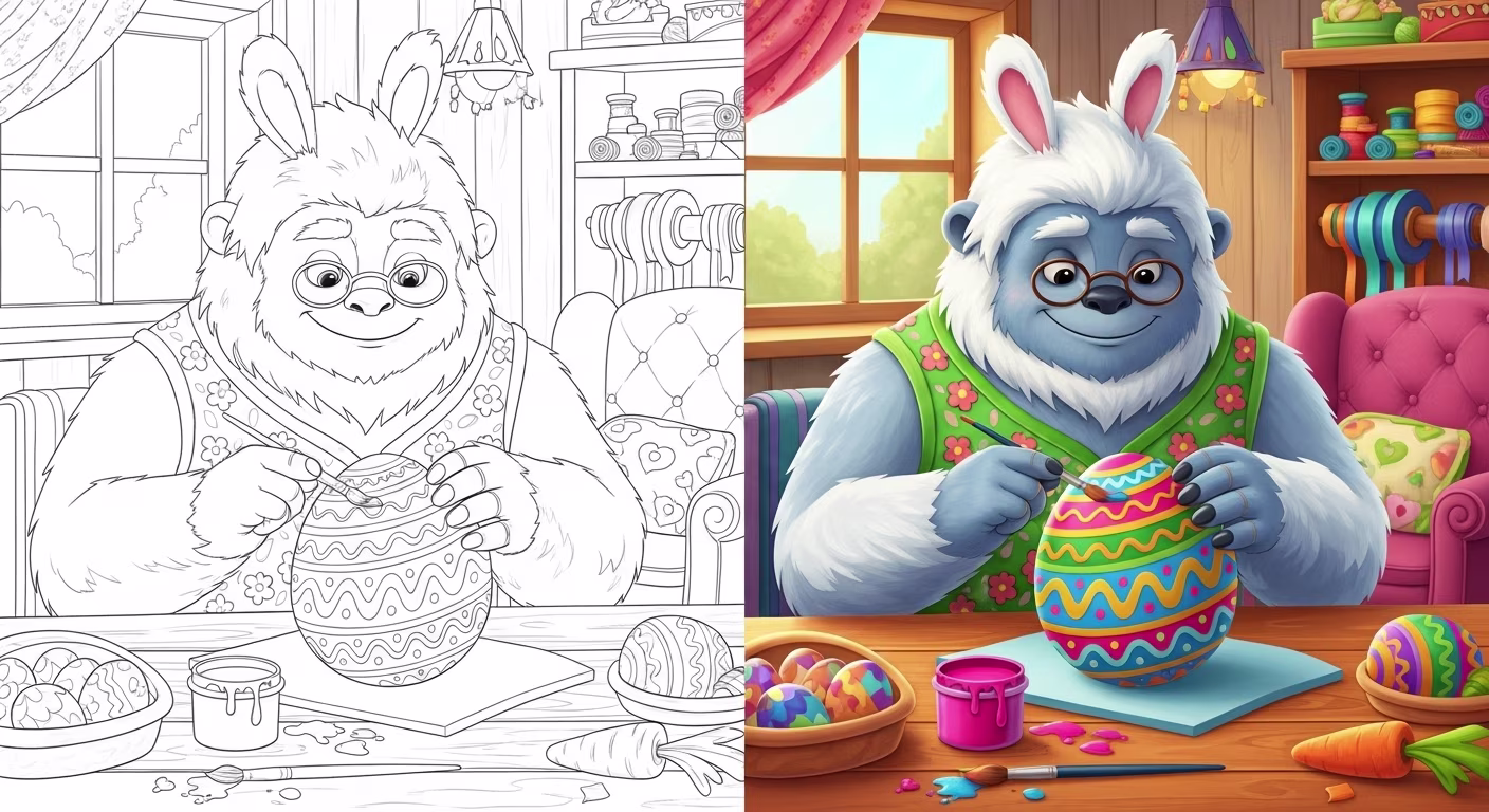 Line art of an Easter Yeti carefully painting stripes on a large egg in a craft room.