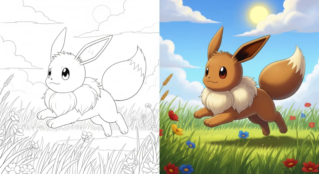 A free printable coloring page of the Pokémon Eevee running through a grassy field, ready for PDF download.