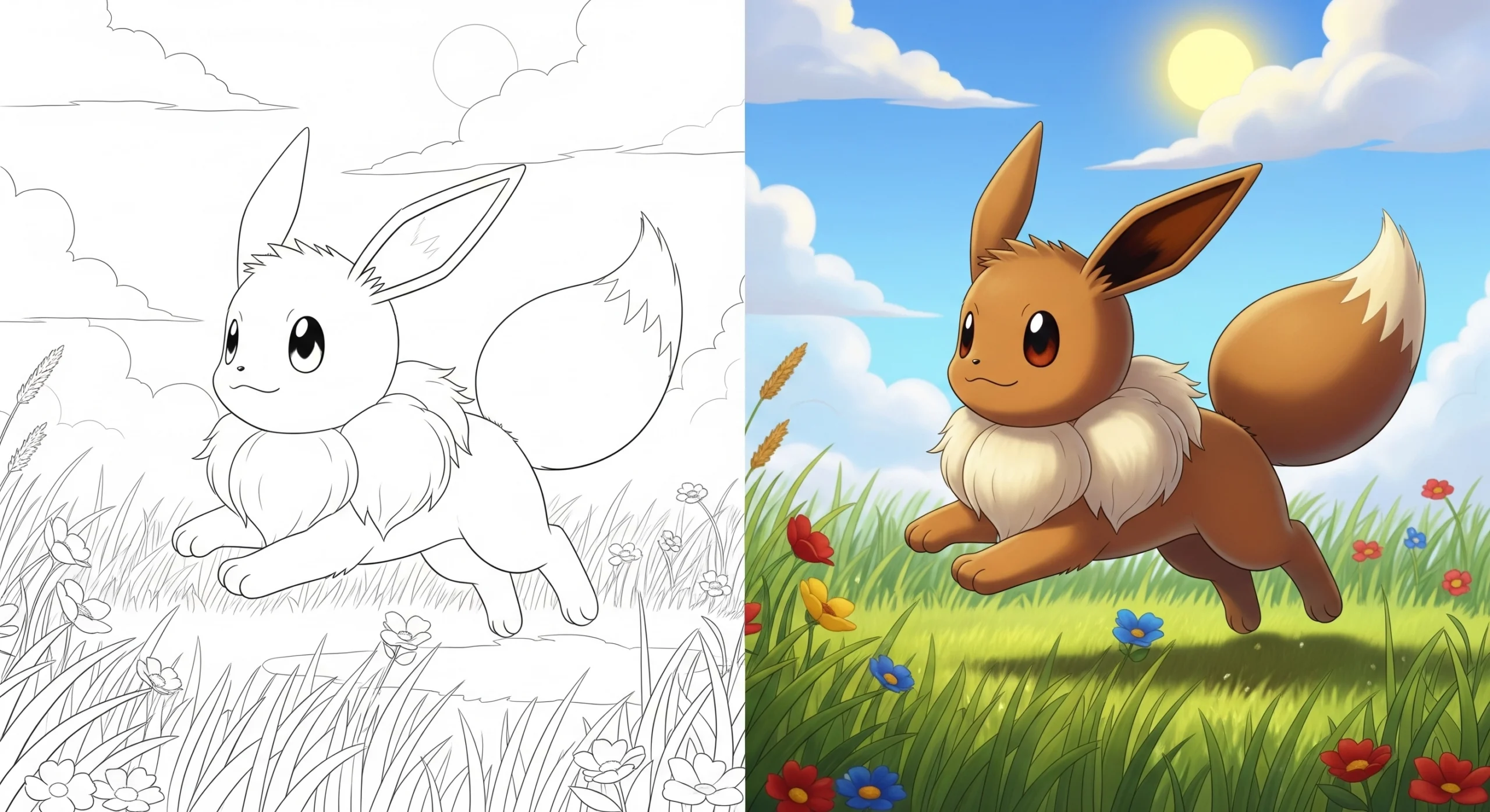 A free printable coloring page of the Pokémon Eevee running through a grassy field, ready for PDF download.