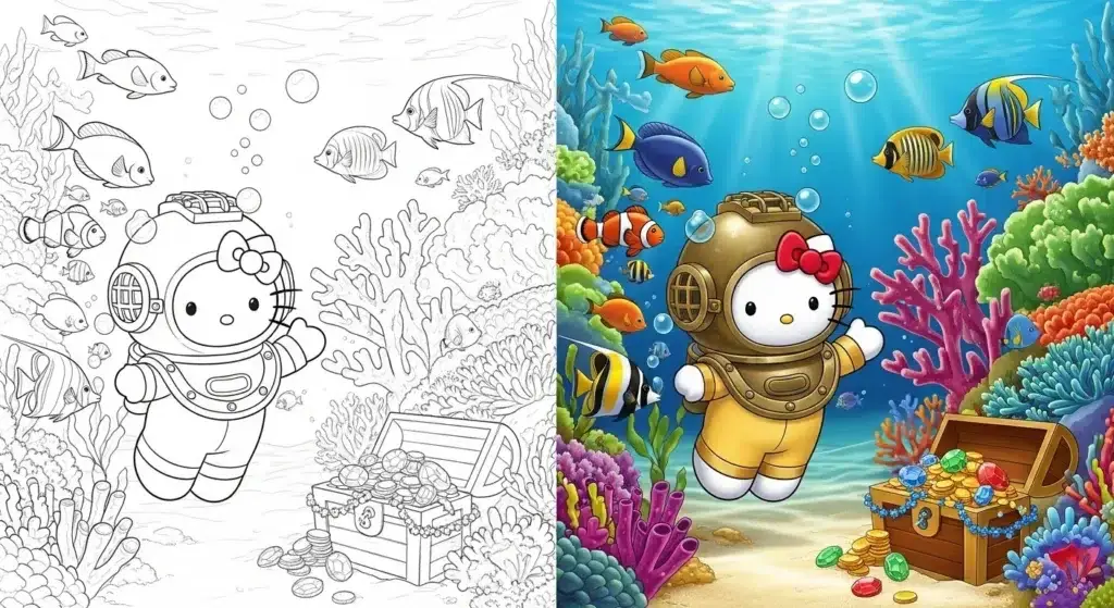 Hello Kitty exploring vibrant coral reefs and tropical fish – free coloring page PDF