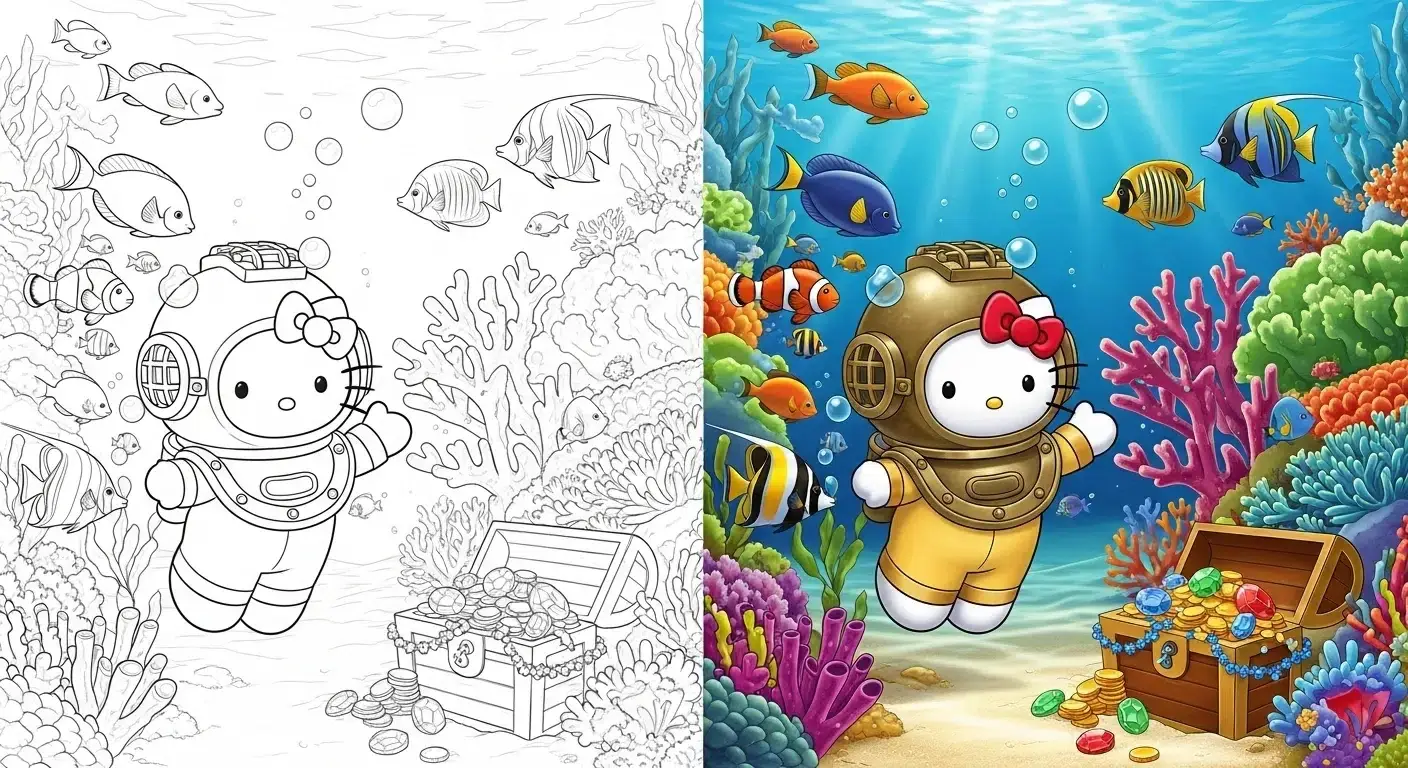 Hello Kitty exploring vibrant coral reefs and tropical fish – free coloring page PDF