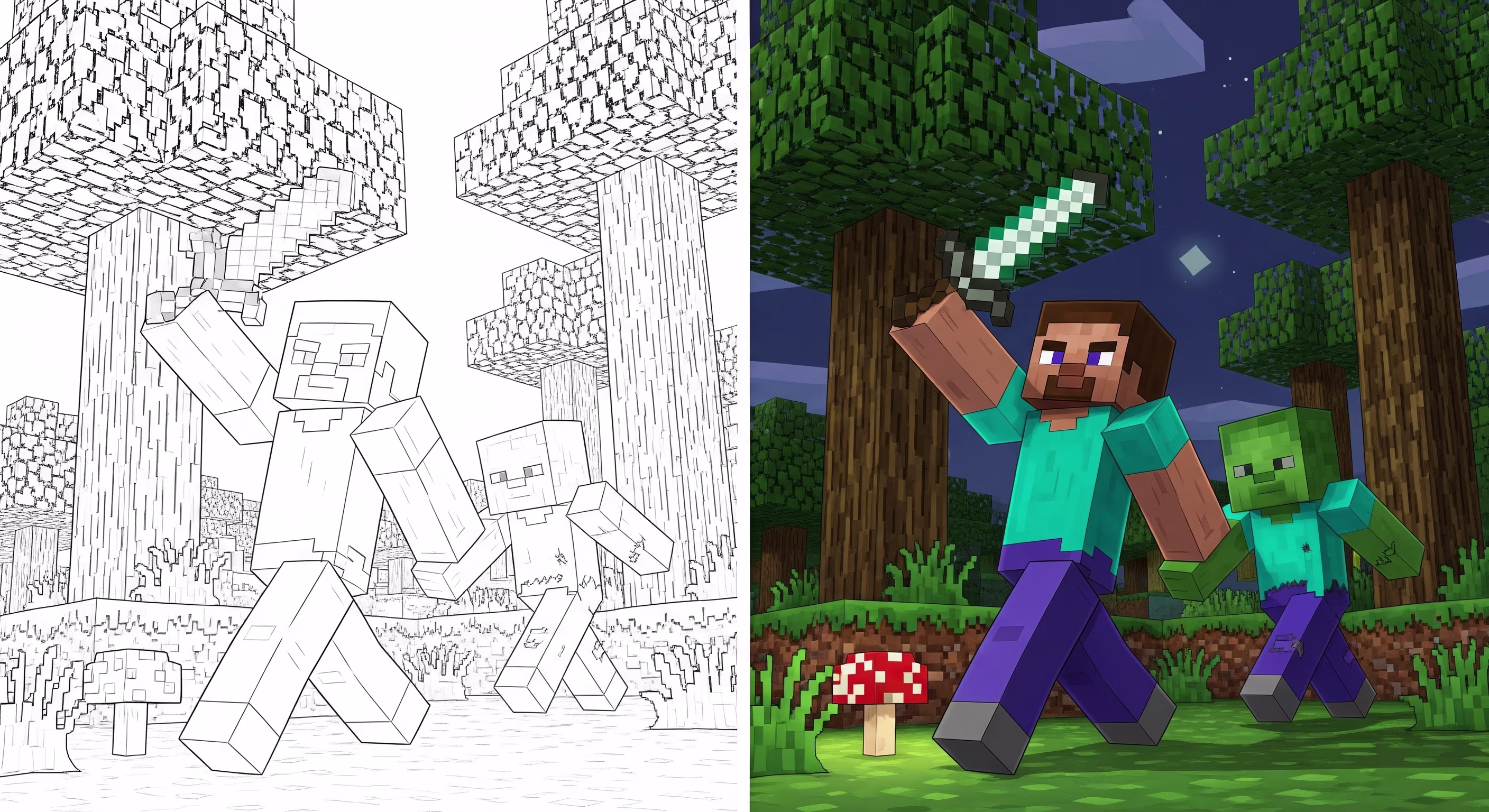 Line art of Minecraft Steve with a sword fighting a zombie in a dark forest with a glowing mushroom, for coloring.