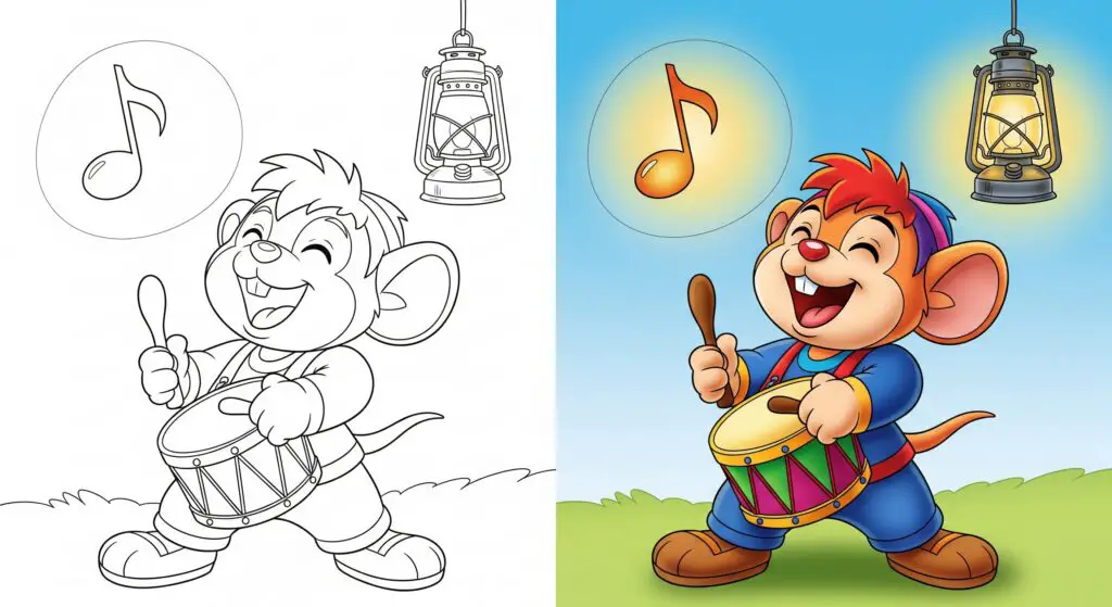 Line art of a character singing and holding a drum, with a musical note and lantern, ready for coloring.