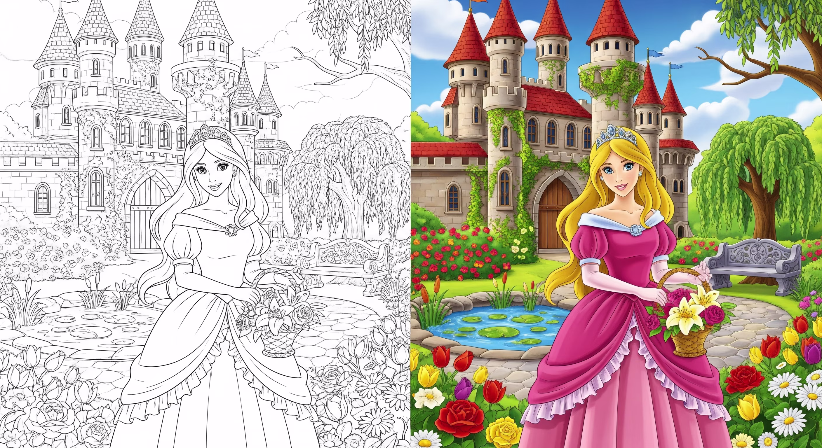 Line art of a princess smiling in a castle garden with blooming flowers and a fountain, for coloring.