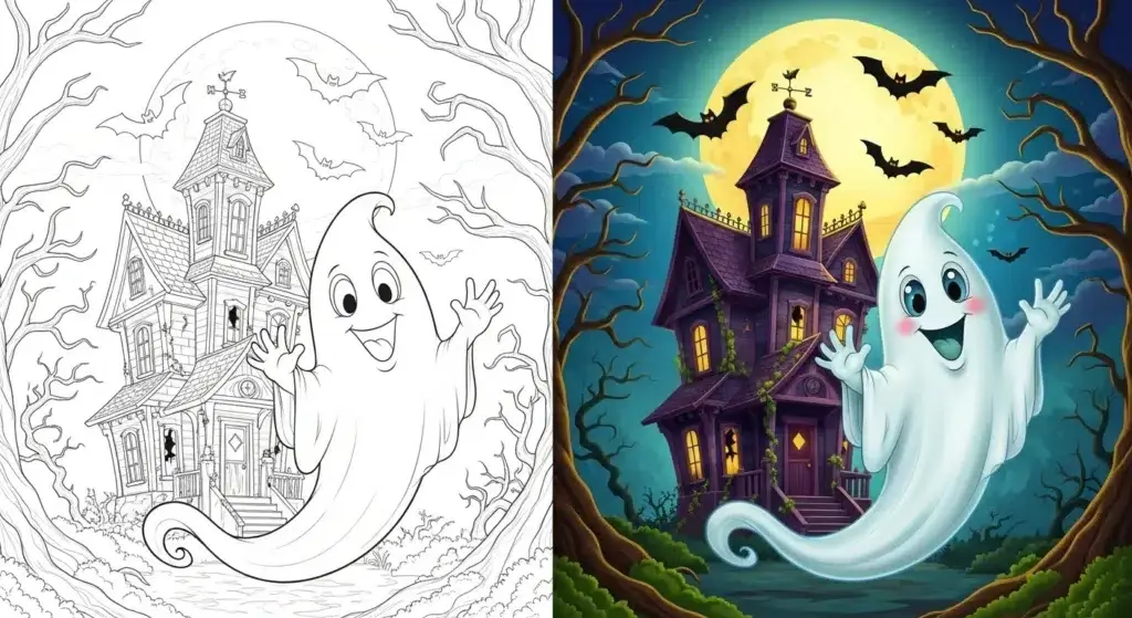 Smiling ghost waves at haunted house with bats – free printable coloring page PDF