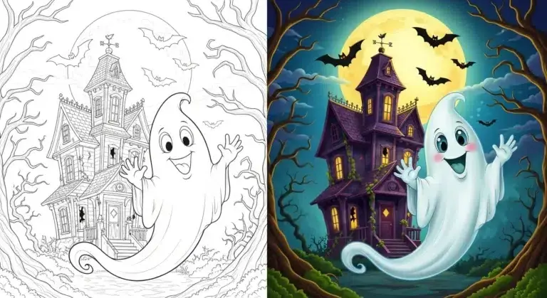 Smiling ghost waves at haunted house with bats – free printable coloring page PDF