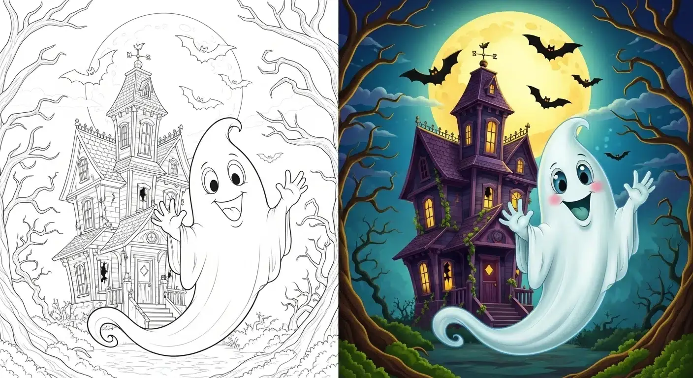 Smiling ghost waves at haunted house with bats – free printable coloring page PDF