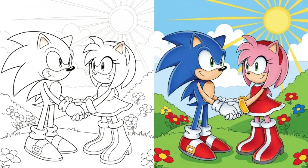 Sonic and Amy Rose holding hands - free coloring page download PDF.