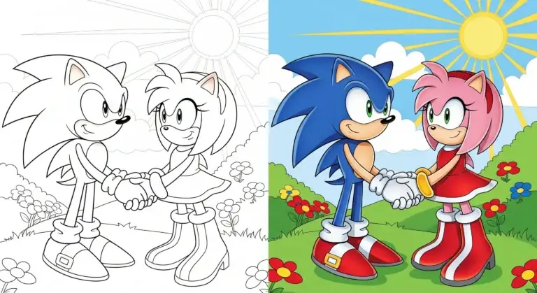 Sonic and Amy Rose holding hands - free coloring page download PDF.