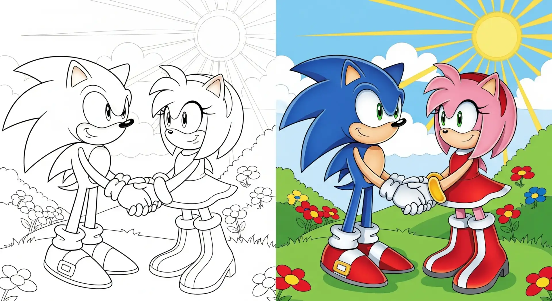 Sonic and Amy Rose holding hands - free coloring page download PDF.