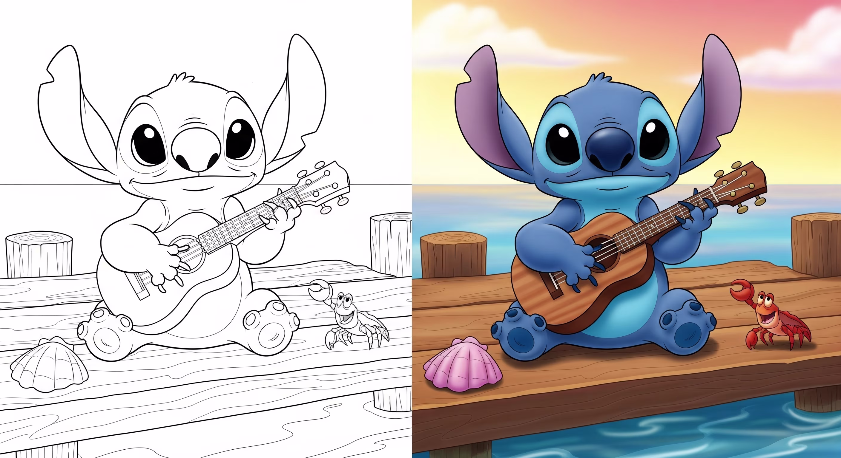 Line art of Stitch on a dock with a ukulele, a crab, and a seashell, ready for coloring.