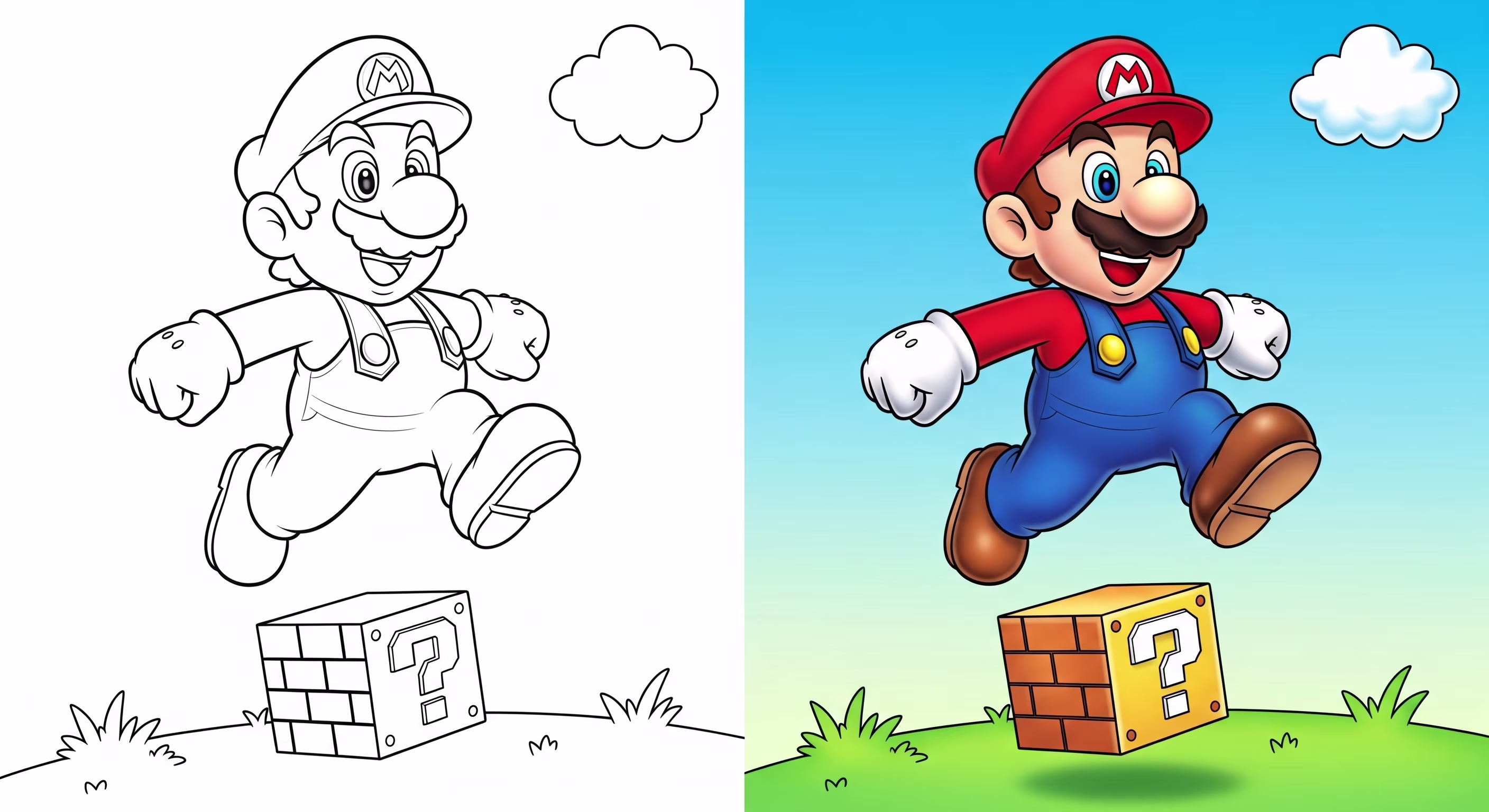 Line art of Mario jumping over a floating brick block with a cloud in the background, for coloring.
