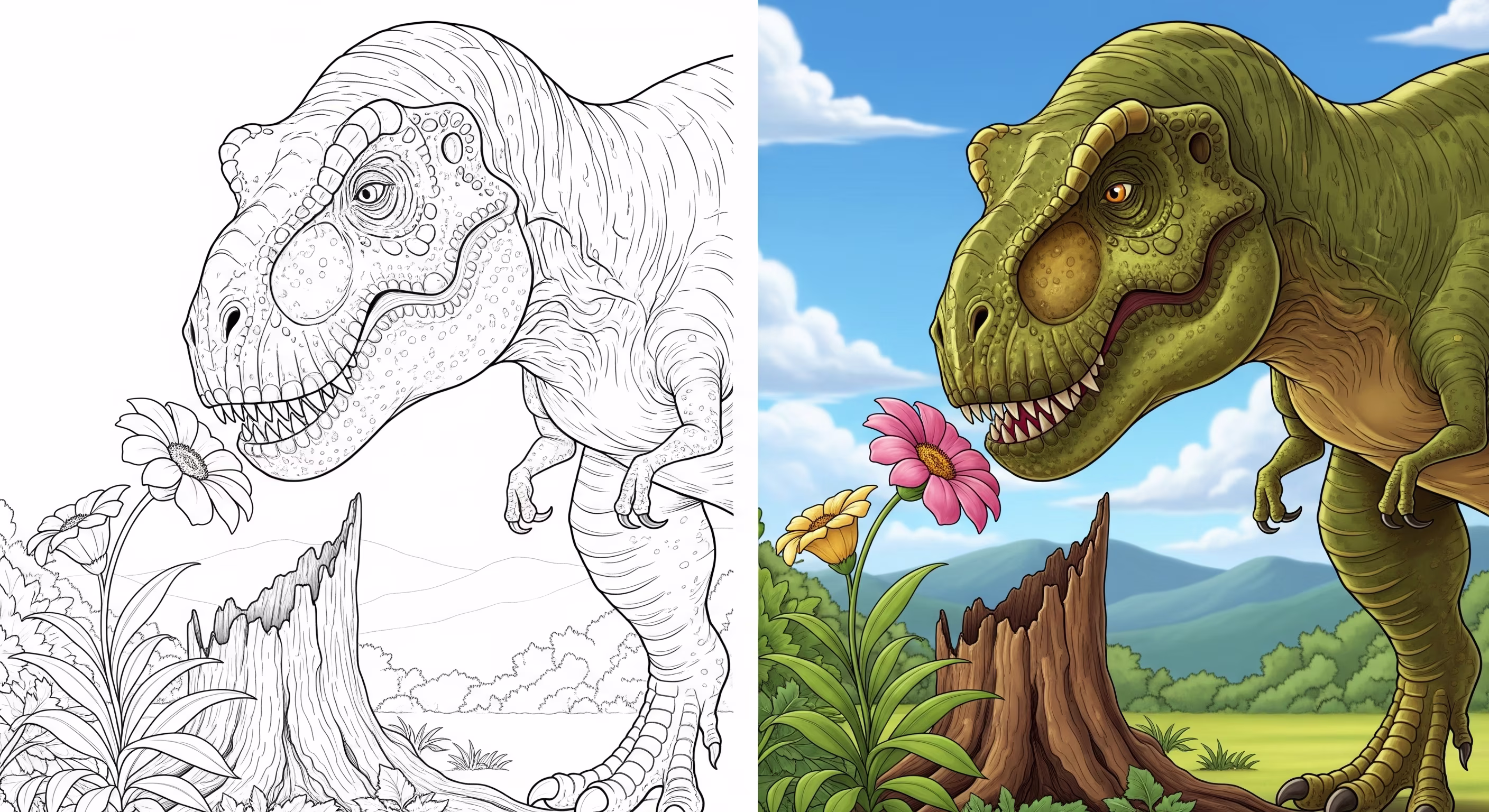 Line art & colored image of a gentle T-Rex smelling a flower by a tree stump