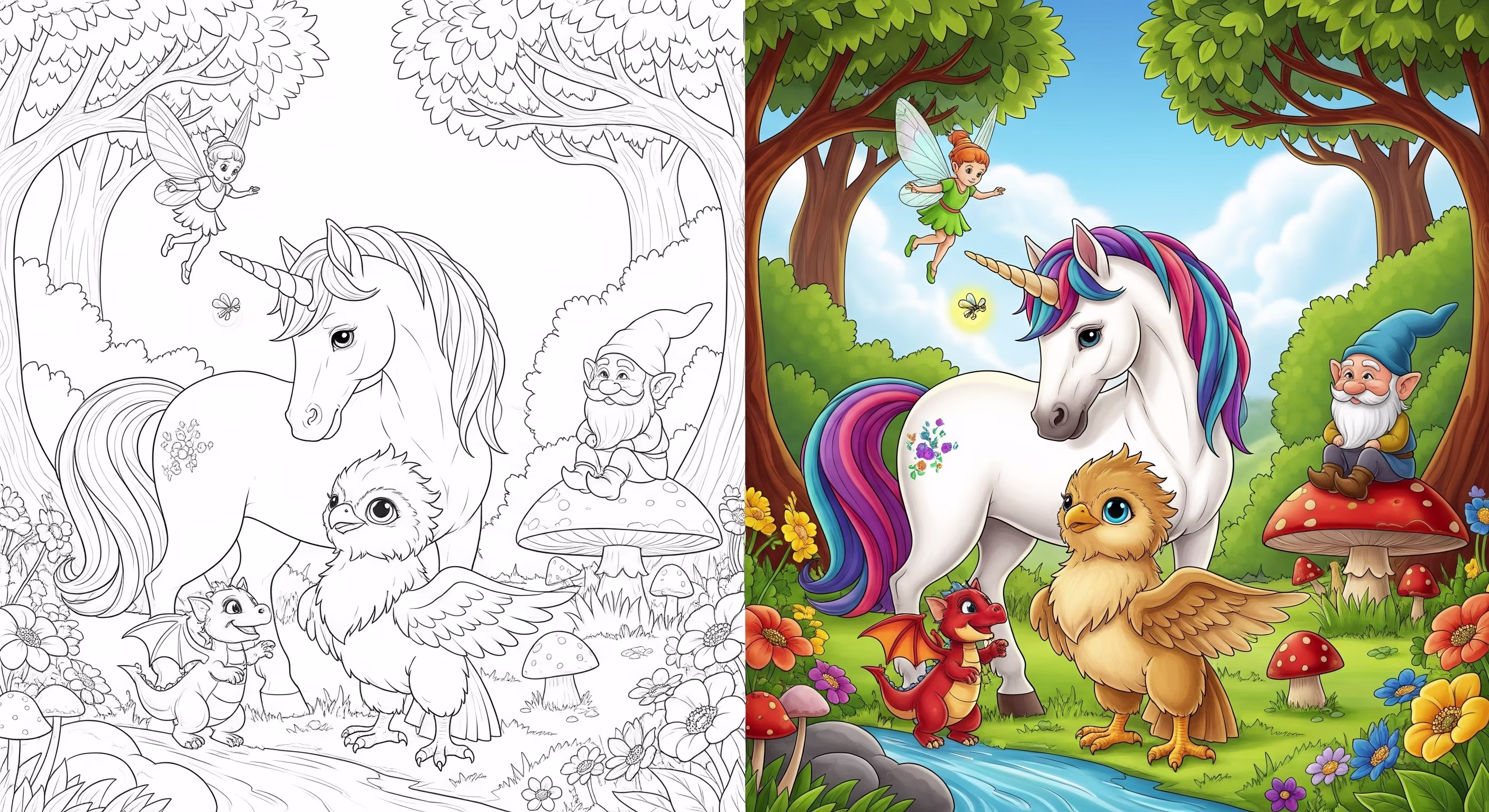 A coloring page of a unicorn playing with magical creatures like fairies and a griffin, ready for free PDF download.